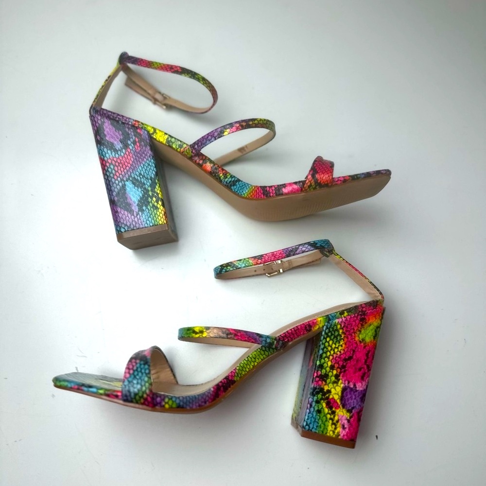 Liliana Neon Rainbow‎ Snake Print Squared Toe Chunky Block Heels Size 10